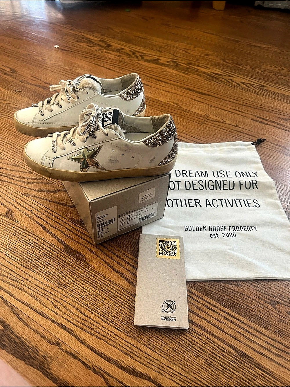 Golden Goose Superstar Sneakers with Glitter Heel and Shearling Lining White &